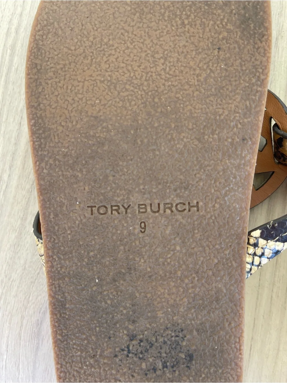 Tory Burch Brown and Black Snakeskin Logo Thong Sandals